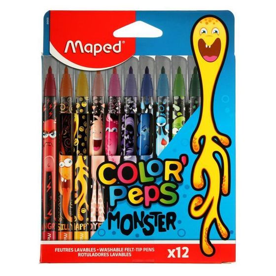 Фломастеры 12 цветов Maped COLOR&#39;PEPS MONSTER, смываемые, с заблокированным пишущим узлом, в картонном футляре