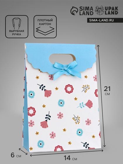 Подарочная коробка-пакет, упаковка с вырубной ручкой, &quot;Летние цветы&quot; , 14 х 6 х 21 см