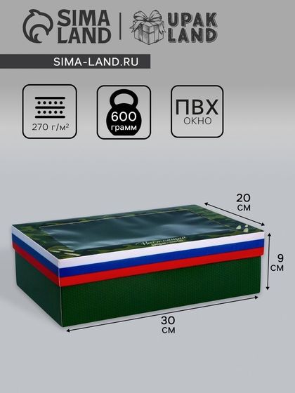Коробка складная, крышка-дно, &quot;23 Февраля&quot;, 30 х 20 х 9 см с окном