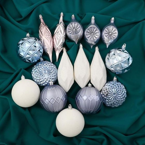 !09 Ёлочные игрушки «Вереница», новогодние, набор 16 шт. (8 шаров, 8 сосулек), сиренево - белый