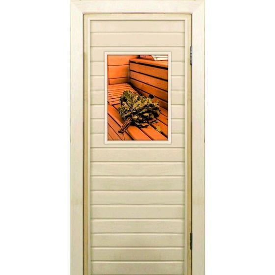 Дверь для бани со стеклом (40*60), &quot;Веник на полке&quot;, 180×70см, коробка из осины
