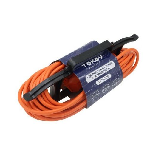 Удлинитель-шнур на рамке TOKOV ELECTRIC, 1х10м, с з/к, 6А, IP44, 3х0.75, с защ. кр, TKE-SR10-075-Z