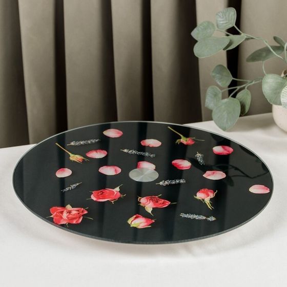 Подставка стеклянная для торта вращающаяся Magistro «Розы на чёрном», d=32 см, цвет чёрный