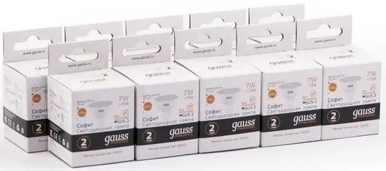 Лампочка светодиодная Gauss Elementary MR16 7Вт цок.:GU5.3 спот 220B 3000K св.свеч.бел.теп. MR16 (упак.:10шт) (13517)
