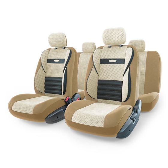 Авточехлы универcальные AUTOPROFI COMFORT COMBO, CMB-1105 D.BE/L.BE (M), мультиконтурные, формованный велюр, набор из 11 предметов, цвет тёмно-бежевый/светло-бежевый