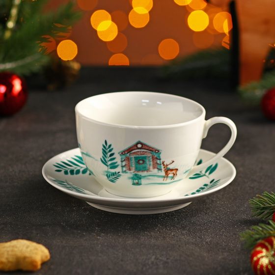 Чайная пара фарфоровая  «Новый Год. Зимняя сказка», чашка 250 мл, блюдце d=14,3 см, цвет белый