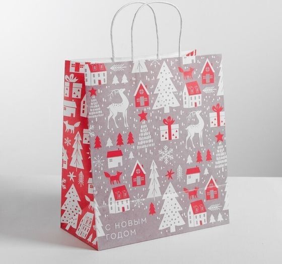 !09 Пакет-крафт подарочный/набор 4 штуки/ &quot;Олени&quot; 22*25*12 см.
