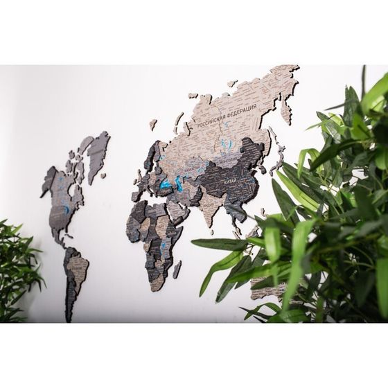 Карта мира деревянная МастерКарт «Борнео Грей - М», 200х130 см, многоуровневая