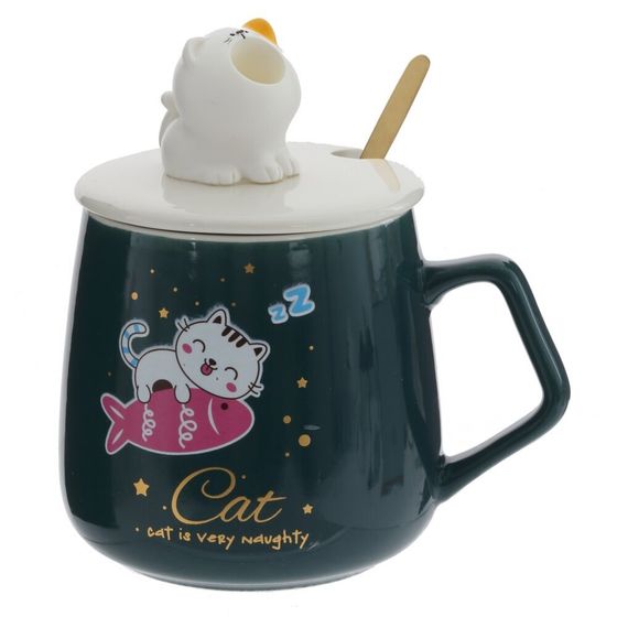 Кружка с крышкой и ложкой, 390 мл, L12,5 W9,5 H13 см