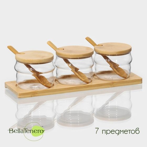 Банки для сыпучих продуктов BellaTenero «Эко. Грани», 295 мл, 10×13 см, набор 3 шт., на бамбуковой подставке, с ложками, стекло