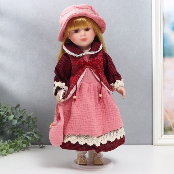 Кукла коллекционная керамика &quot;Нина в розовом платье и бордовом жакете&quot; 40 см