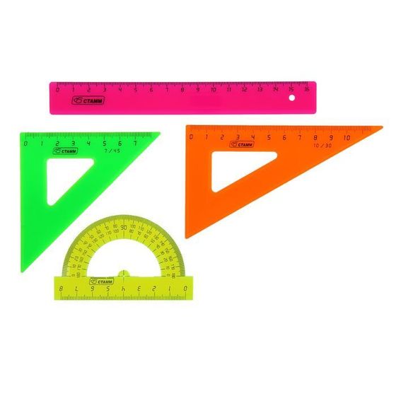 Набор геометрический Стамм, малый: линейка 16 см, треугольник 7 см 45°, треугольник 10 см 30°, транспортир 8 см 180°. МИКС