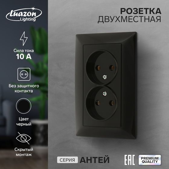 Розетка двухместная Luazon Lighting &quot;Антей&quot;, 10 А, скрытая, без з/к, черная