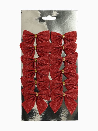 !09 Ёлочные игрушки (набор 12 шт.) «Зимнее волшебство. Бантик - блеск» пластик, 4.5×5.5 см, красный