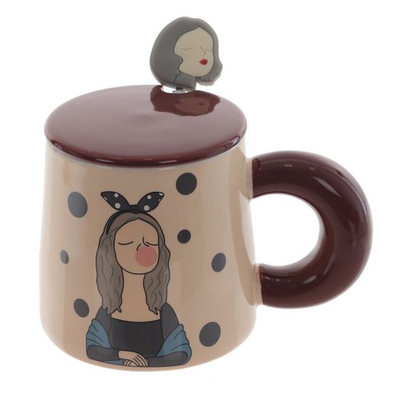 Кружка с крышкой и ложкой, 400 мл, L13,5 W9,5 H9,5 см, дизайн микс