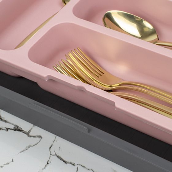 Лоток для столовых приборов раздвижной розовый