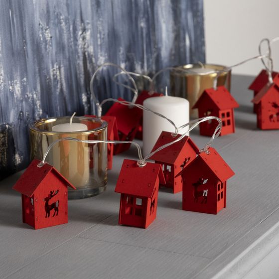 !09 Гирлянда «Нить» 1.5 м с насадками «Дом красный», IP20, прозрачная нить, 10 LED, свечение красное, AAх3