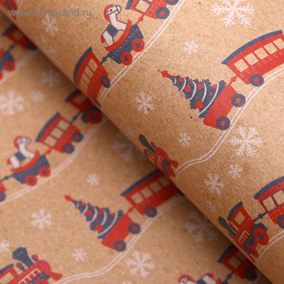 !09 Бумага упаковочная, 3 листа, крафт, "Новогодний паровоз", 50 х 70 см.
