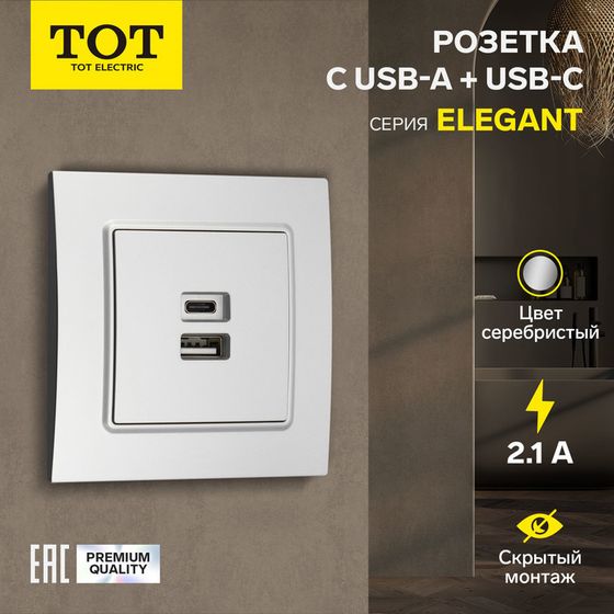 Розетка с USB-A + USB-C разъёмами, 2.1 A, 5В, TOT Elegant, скрытая, серебристая