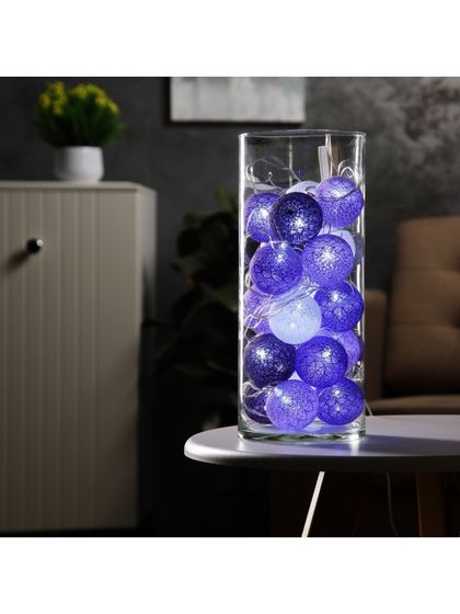 !09 Гирлянда - нить, 5 м с насадками «Клубки сиреневые», IP20, прозрачная нить, 20 LED, свечение белое, 220 В