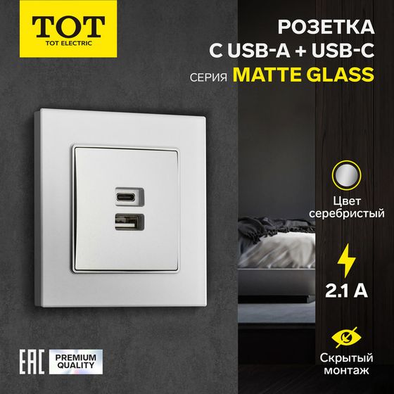 Розетка с USB-A + USB-C разъёмами, 2.1 A, 5В, TOT Matte Glass, скрытая, стекло, серебристая   104396