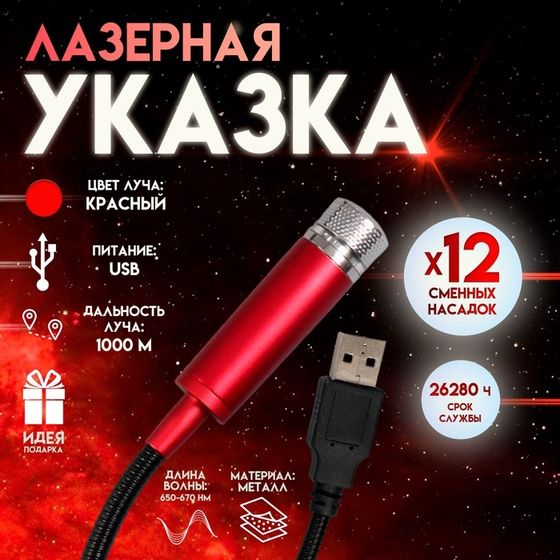 Лазерная указка с насадками: 12 + 1, от USB, 10×14.5 см