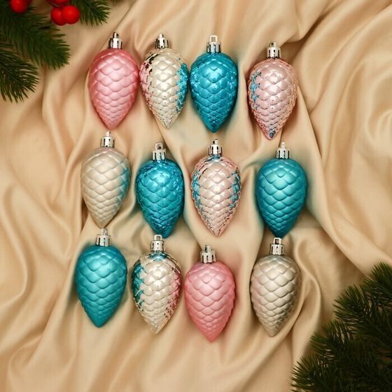 !09 Набор елочных игрушек 12 штук «Шишка», d=7 см. цвет микс