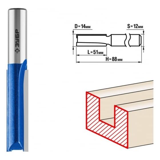 Фреза пазовая ЗУБР 28754-14-51, прямая, удлинённая, хвостовик d = 12 мм, 14 x 51 мм