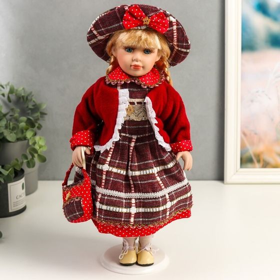 Кукла коллекционная керамика &quot;Инга в красном, платье в горох и клетку&quot;&quot; 40 см