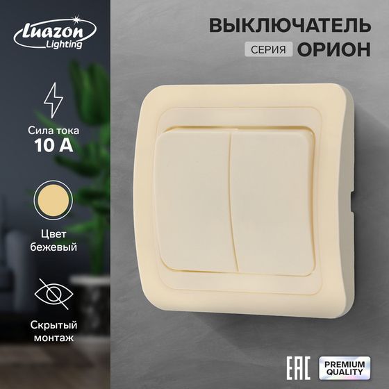 Выключатель Luazon Lighting &quot;Орион&quot;, 10 А, 2 клавиши, скрытый, бежевый