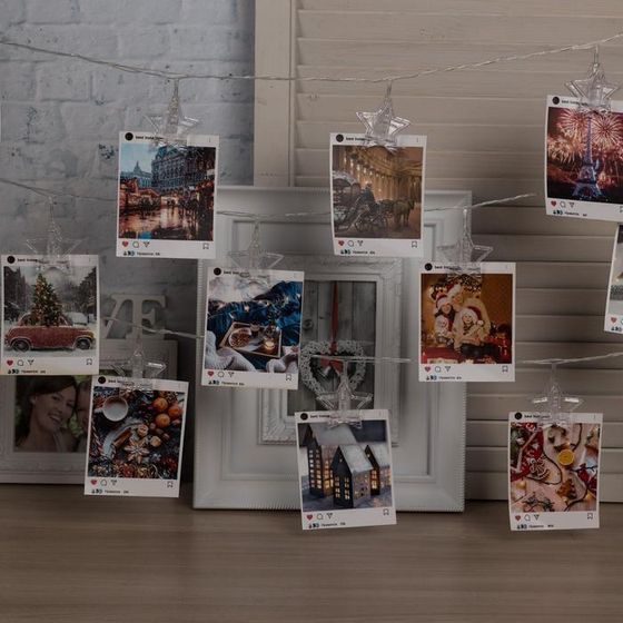 !09 Гирлянда «Нить» 4.5 м с насадками «Прищепки-звёзды», IP20, прозрачная нить, 20 LED, свечение синее, 220 В