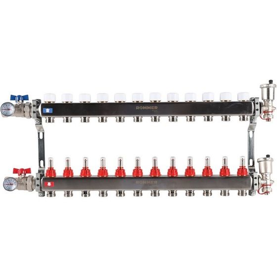 Коллектор ROMMER RMS-1210-000012, 1&quot;х3/4&quot;, 12 выходов, в сборе с расходомерами, нерж. сталь