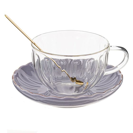 Кружка с блюдцем и ложкой 300 мл, L15 W15 H6,5 см, дизайн микс