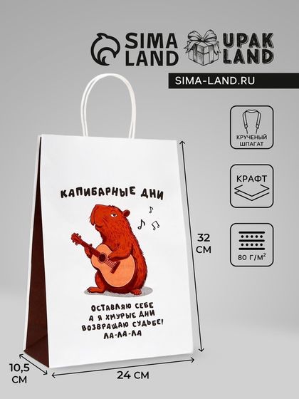 Пакет подарочный бумажный, &quot;Капибарные дни&quot;, 24 х 10,5 х 32 см