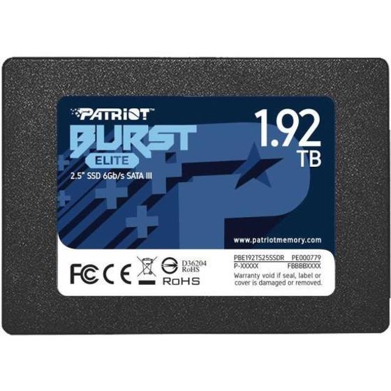 Накопитель SSD 1.92Tb Patriot SATA-III Burst Elite 3D NAND Скорость записи 320 Мб/сек. Скорость чтения 450 Мб/сек. TbW 800 Tb PBE192TS25SSDR