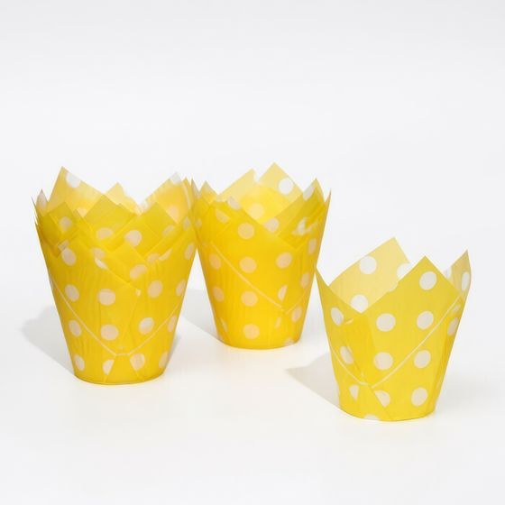 !09 Набор из 40 штук - Форма бумажная "Тюльпан", жёлтый в белый горох, 5 х 8 см.