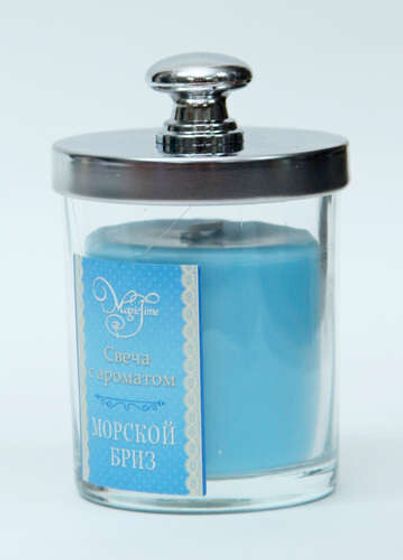 !09 Свеча парафиновая ароматизированная в стекле с ароматом Морского бриза 6.7*6.7*9.7 см.