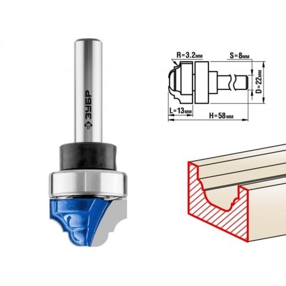 Фреза пазовая ЗУБР 28747-22, фасонная, с верхним подшипником, R = 3.2 мм, 22 x 13 мм