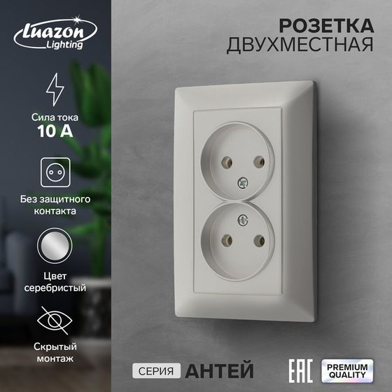 Розетка двухместная Luazon Lighting &quot;Антей&quot;, 10 А, скрытая, без з/к, серебристая