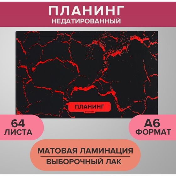 Планинг недатированный A6, 64 листа, на сшивке, обложка из картона, матовая ламинация, выборочный лак, Мрамор чёрный