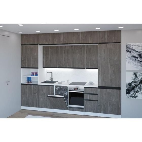 Модульный кухонный гарнитур трехуровневый Ноктюрн люкс, 3000х600, Бетон темный/Белый