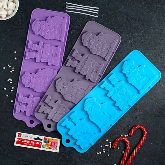 !09 Форма для леденцов новогодняя «Дед Мороз», силикон, 36×12 см, 4 ячейки (10,2×7,5 см), с палочками, цвет МИКС