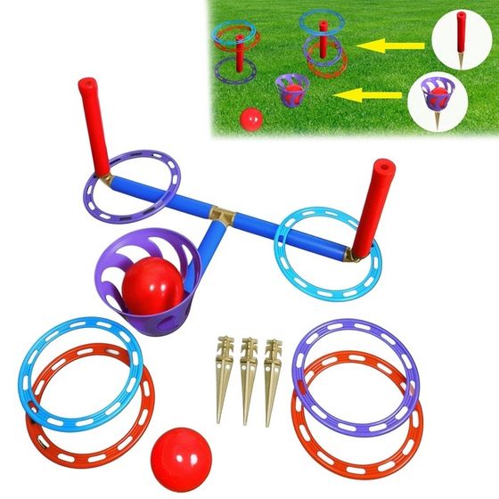 Игра &quot;Кольцеброс - шароброс&quot;: 2 стойки, 6 колец, корзинка, 2 мяча, клин - 3 шт
