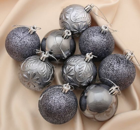!09 Набор елочных шаров 9 штук пластик d-6 см. "Сильва" , цвет серебристо серый дизайн микс