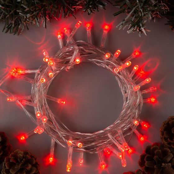Гирлянда «Нить» 5 м, IP20, прозрачная нить, 50 LED, 8 режимов, 220 В, свечение красное