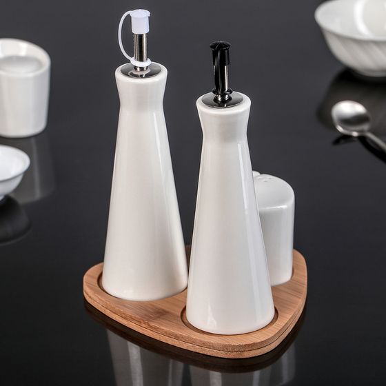 !09 Набор для специй «Эстет», 4 предмета: 2 соусника, солонка, перечница, на деревянной подставке