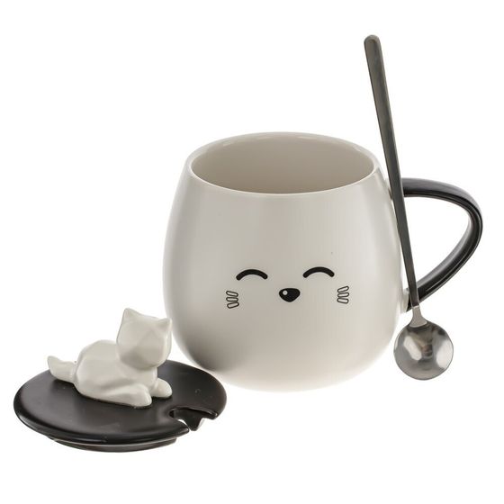 Кружка с крышкой и ложкой, 400 мл, L8 W8 H8,5 см, дизайн микс