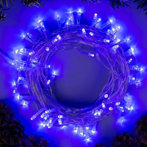 Гирлянда «Нить» 10 м, IP20, прозрачная нить, 100 LED, 8 режимов, 220 В, свечение синее