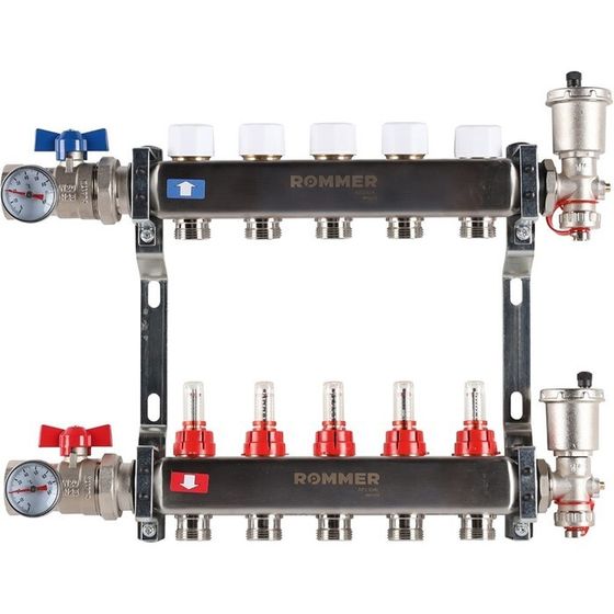 Коллектор ROMMER RMS-1210-000005, 1&quot;х3/4&quot;, 5 выходов, в сборе с расходомерами, нерж. сталь