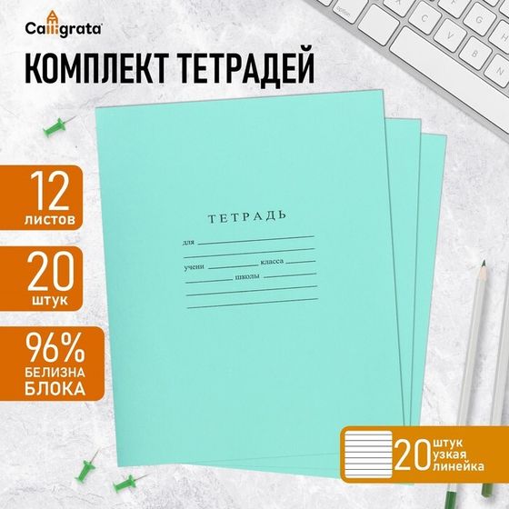 Комплект тетрадей из 20 штук, 12 листов в узкую линию Бумажная фабрика &quot;Зелёная обложка&quot;, 60 г/м2, блок офсет, белизна 96%